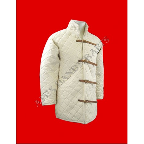 Medieval white gambeson with brass buckles  APX-914